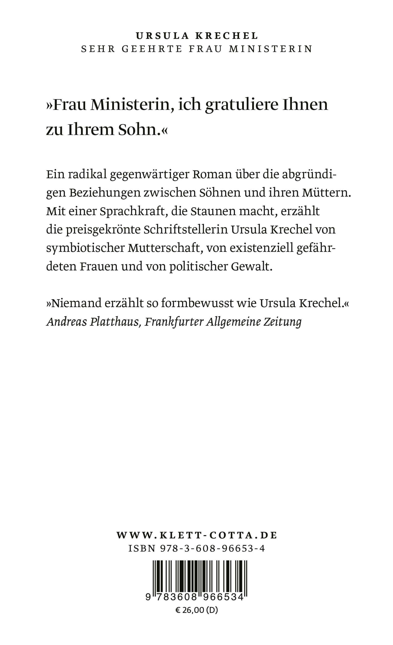 Rückseite: 9783608966534 | Sehr geehrte Frau Ministerin | Roman | Ursula Krechel | Buch | 368 S.