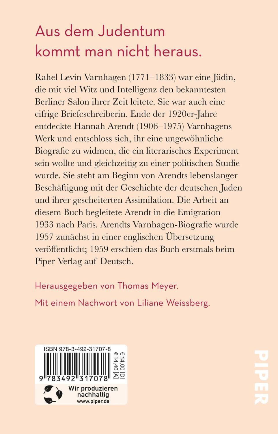 Rückseite: 9783492317078 | Rahel Varnhagen | Hannah Arendt | Taschenbuch | 416 S. | Deutsch