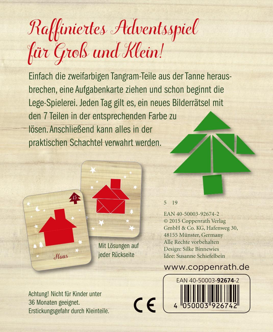 Rückseite: 4050003926742 | Tannen-Tangram Schachtelspiel | 24 Bilderrätsel für die Adventszeit