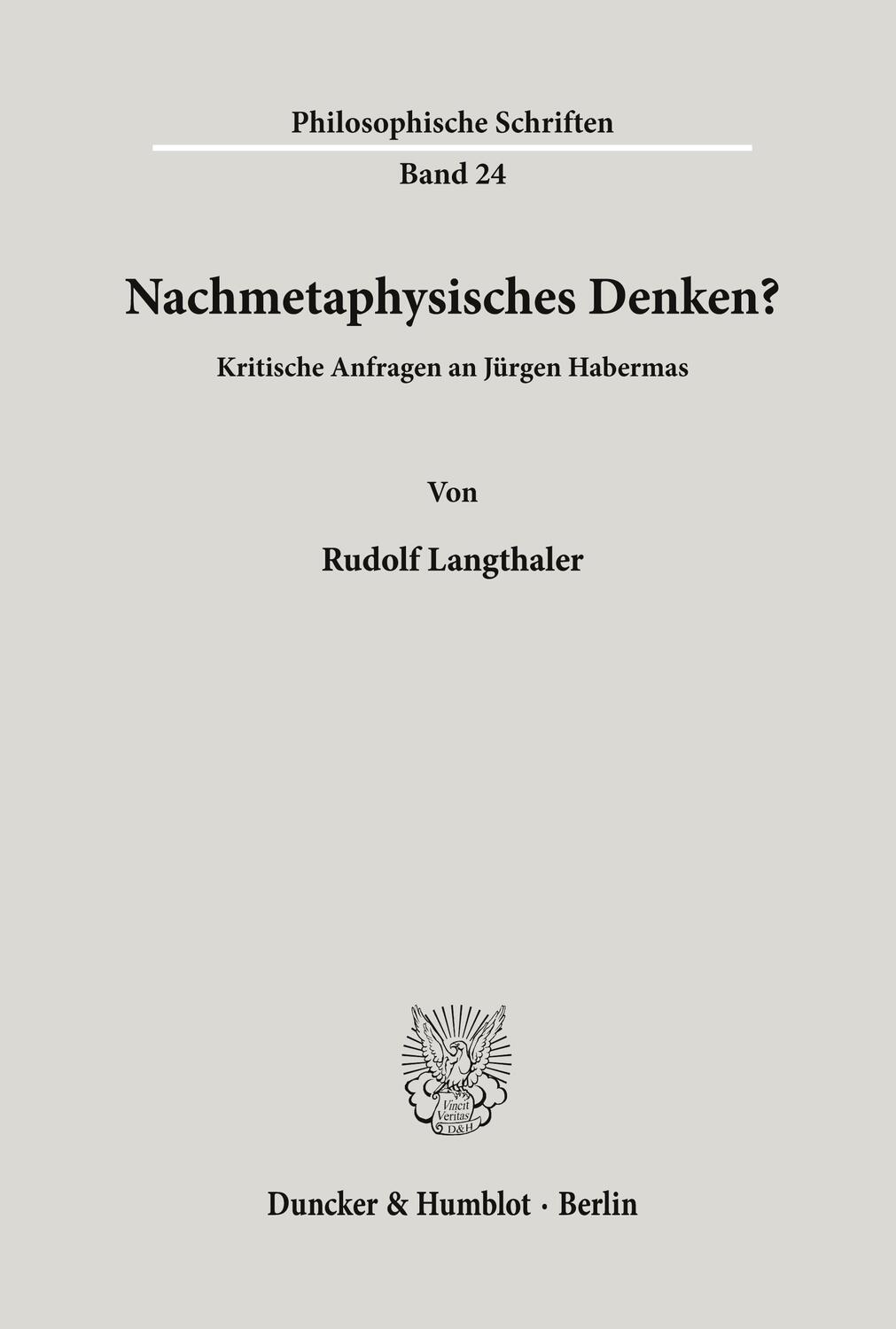 Cover: 9783428089390 | Nachmetaphysisches Denken? | Kritische Anfragen an Jürgen Habermas.