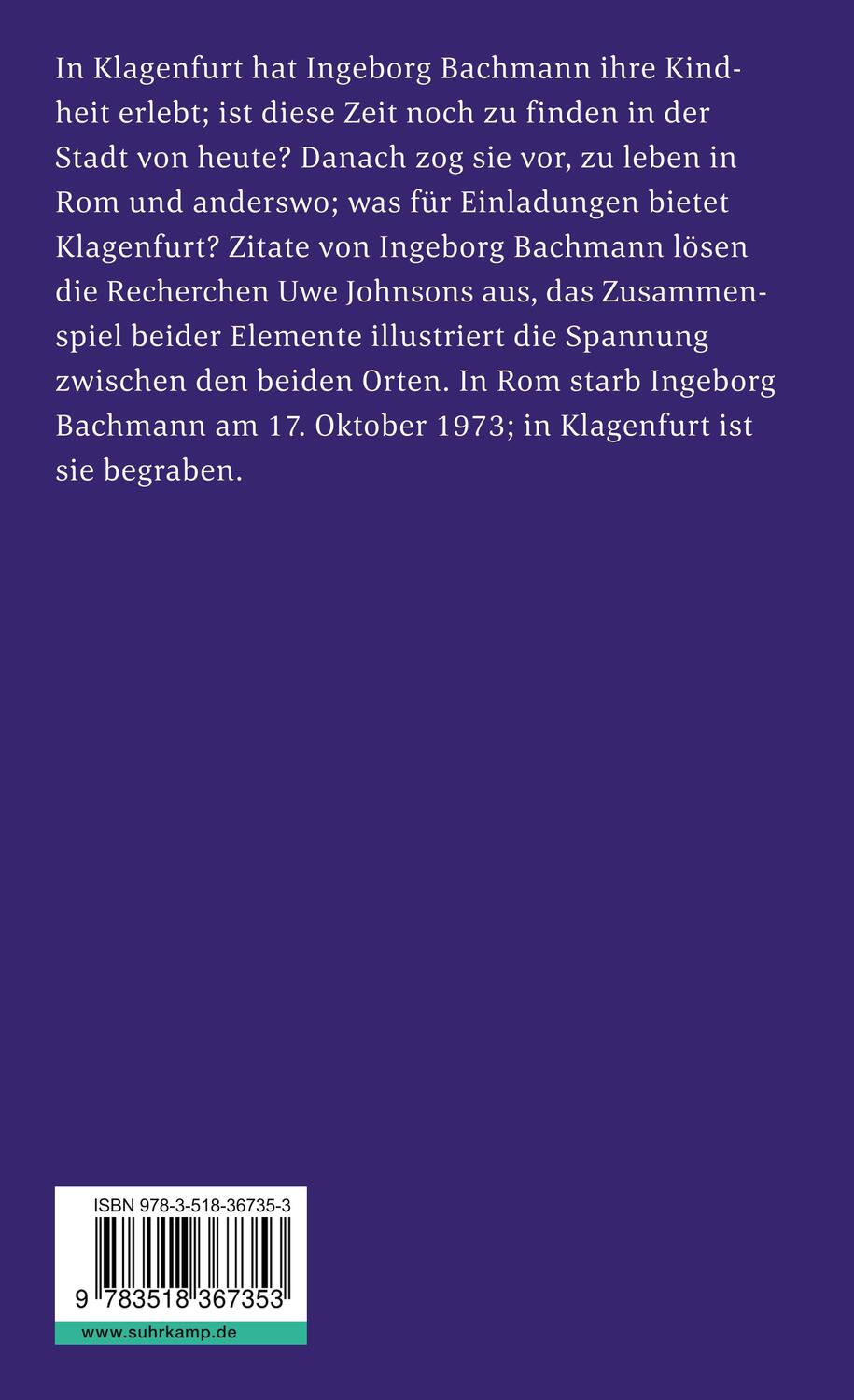 Rückseite: 9783518367353 | Eine Reise nach Klagenfurt | Uwe Johnson | Taschenbuch | 109 S. | 2024
