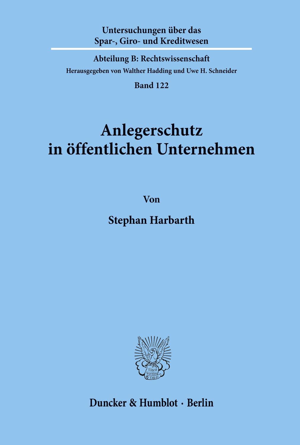 Cover: 9783428097296 | Anlegerschutz in öffentlichen Unternehmen. | Dissertationsschrift