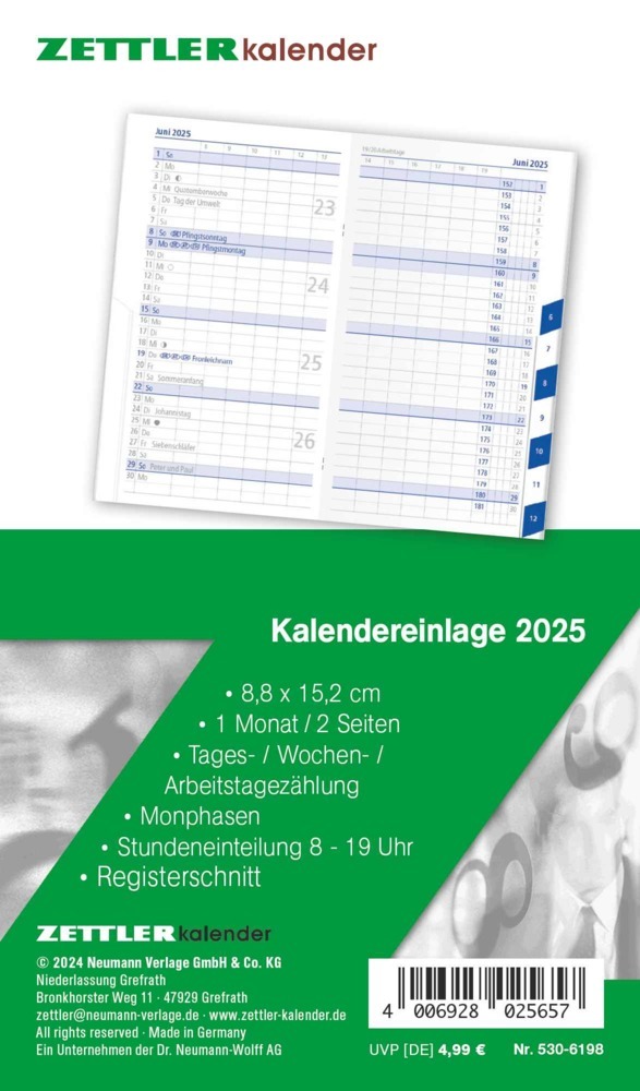 Cover: 4006928025657 | Zettler - Kalender-Ersatzeinlage 2025, 8,8x15,2cm, für den...