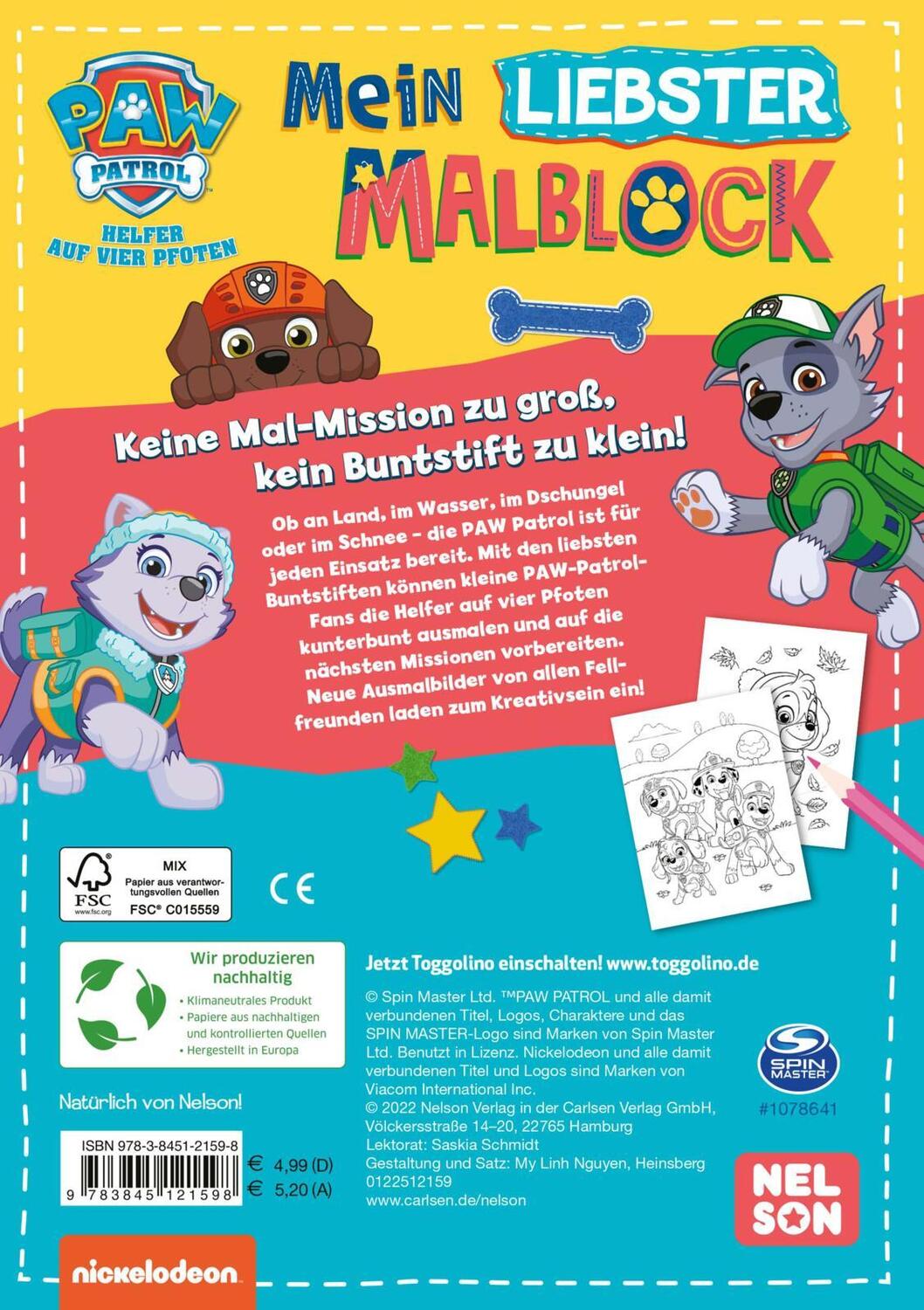 Rückseite: 9783845121598 | PAW Patrol Kindergartenheft: Mein liebster Malblock | Taschenbuch