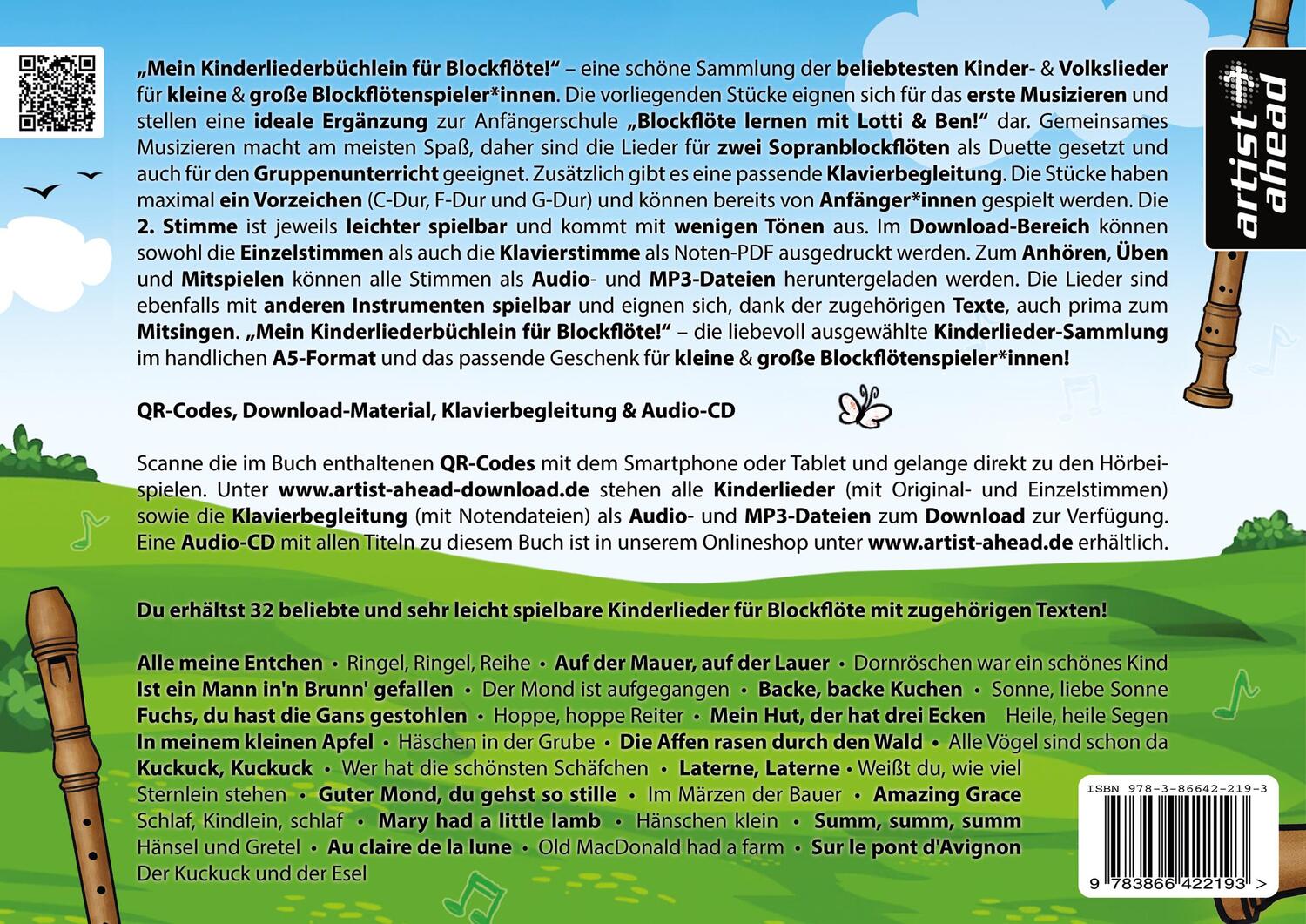 Rückseite: 9783866422193 | Mein Kinderliederbüchlein für Blockflöte! | Susanne Hossain | 60 S.