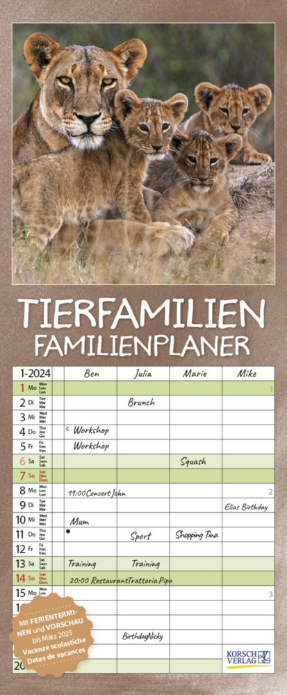 Cover: 9783731872177 | Tierfamilien Familienplaner 2024 | Korsch Verlag | Kalender | 13 S.
