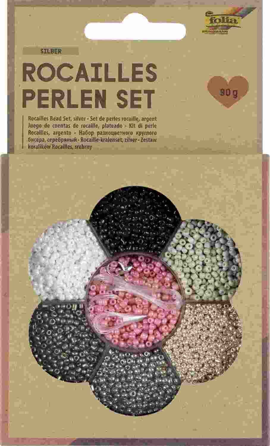Cover: 4001868129397 | Folia Rocailles-Perlen-Set SILBER, ~90g Perlen, 3x1m Nylonfaden, 3...
