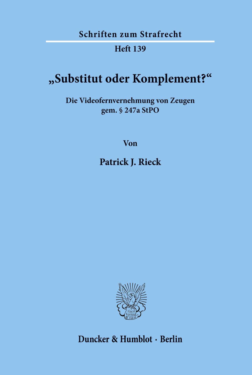 Cover: 9783428110223 | "Substitut oder Komplement?« | Patrick J. Rieck | Taschenbuch | 338 S.