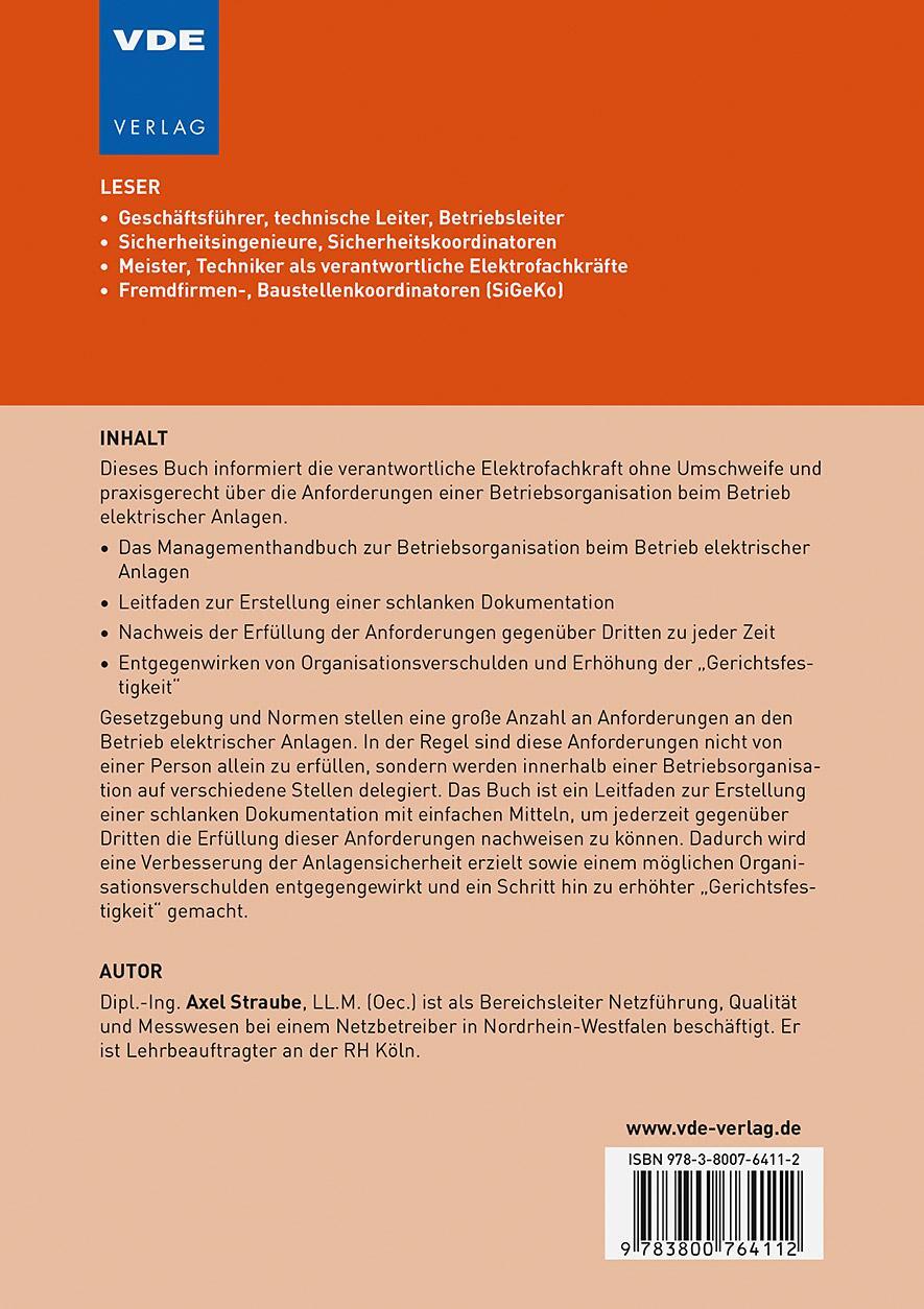 Rückseite: 9783800764112 | Das Managementhandbuch für den Betrieb elektrischer Anlagen | Straube