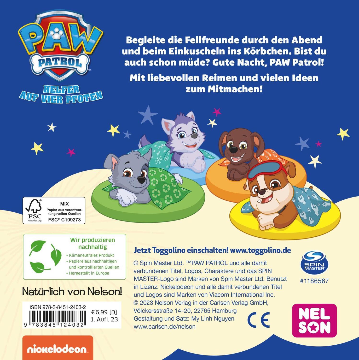 Rückseite: 9783845124032 | PAW Patrol Pappbilderbuch: Ab ins Bett, PAW Patrol! | Buch | 18 S.