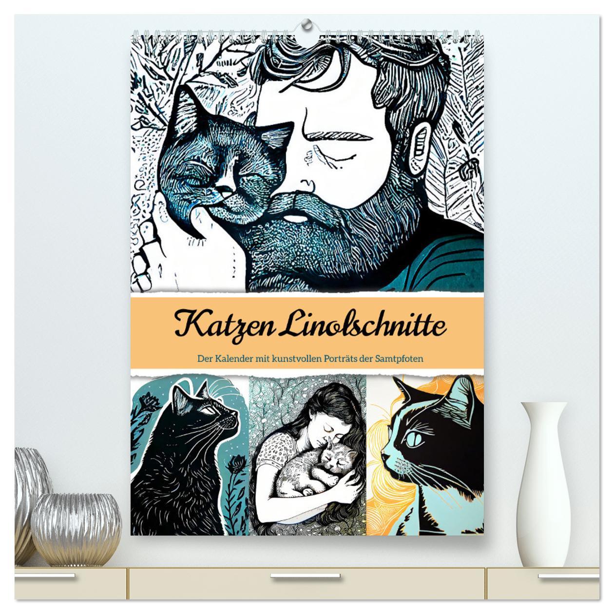 Cover: 9783435880645 | Katzen Linolschnitt - Der Kalender mit kunstvollen Porträts der...