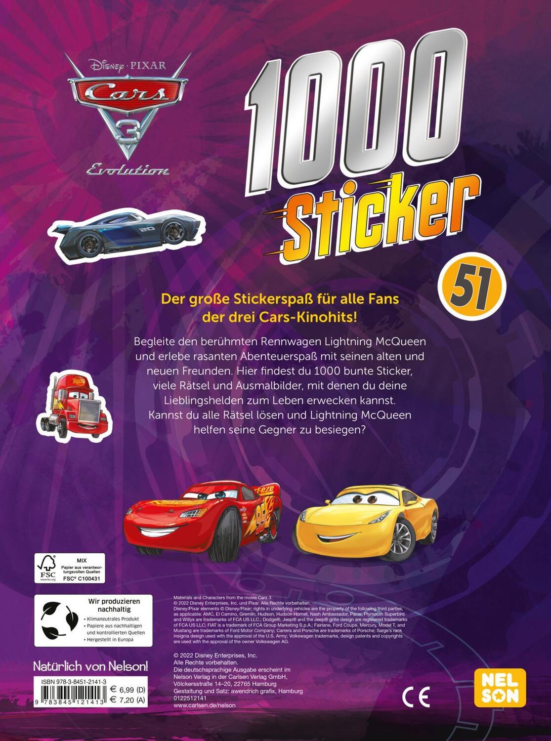 Rückseite: 9783845121413 | Disney Cars 3: 1000 Sticker | Mit vielen Rätseln und Malseiten | Buch
