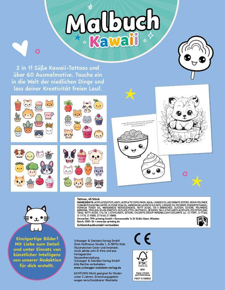 Rückseite: 9783849945626 | Malbuch Kawaii mit 45 Tattoos | Schwager &amp; Steinlein Verlag | Buch