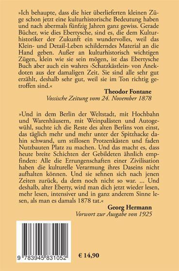 Rückseite: 9783945831052 | Jugenderinnerungen eines alten Berliners | Felix Eberty | Taschenbuch