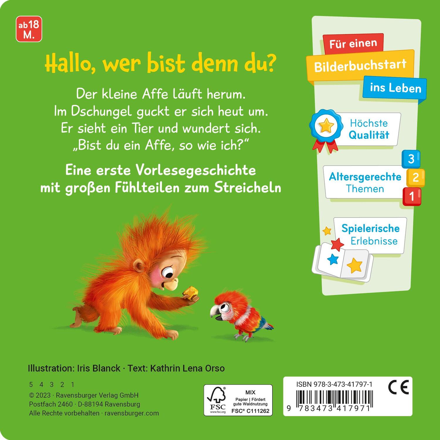 Rückseite: 9783473417971 | Mein erstes Vorlese-Fühlbuch: Bist du ein Affe? | Kathrin Lena Orso