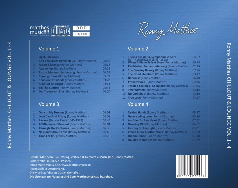 Bild: 4260264510967 | Chillout &amp; Lounge. Vol.1-4, 4 Audio-CDs | Ronny Matthes | Audio-CD