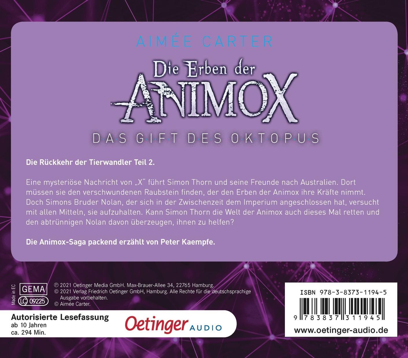Rückseite: 9783837311945 | Die Erben der Animox 2. Das Gift des Oktopus | Aimée Carter | Audio-CD