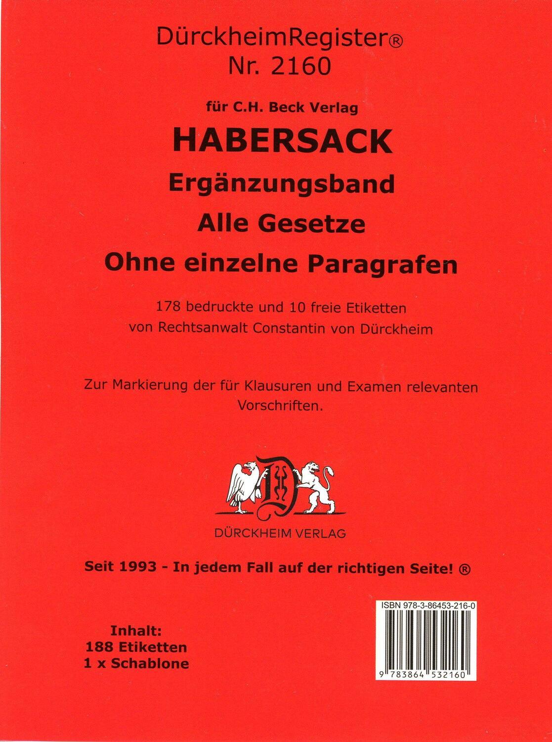 Cover: 9783864532160 | DürckheimRegister® Ergänzungsband alleGesetze | Dürckheim | Buch