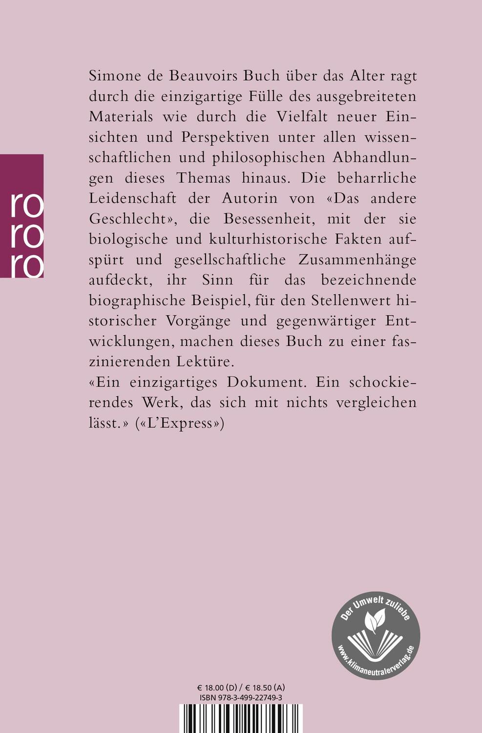 Rückseite: 9783499227493 | Das Alter | Simone de Beauvoir | Taschenbuch | Deutsch | 2001