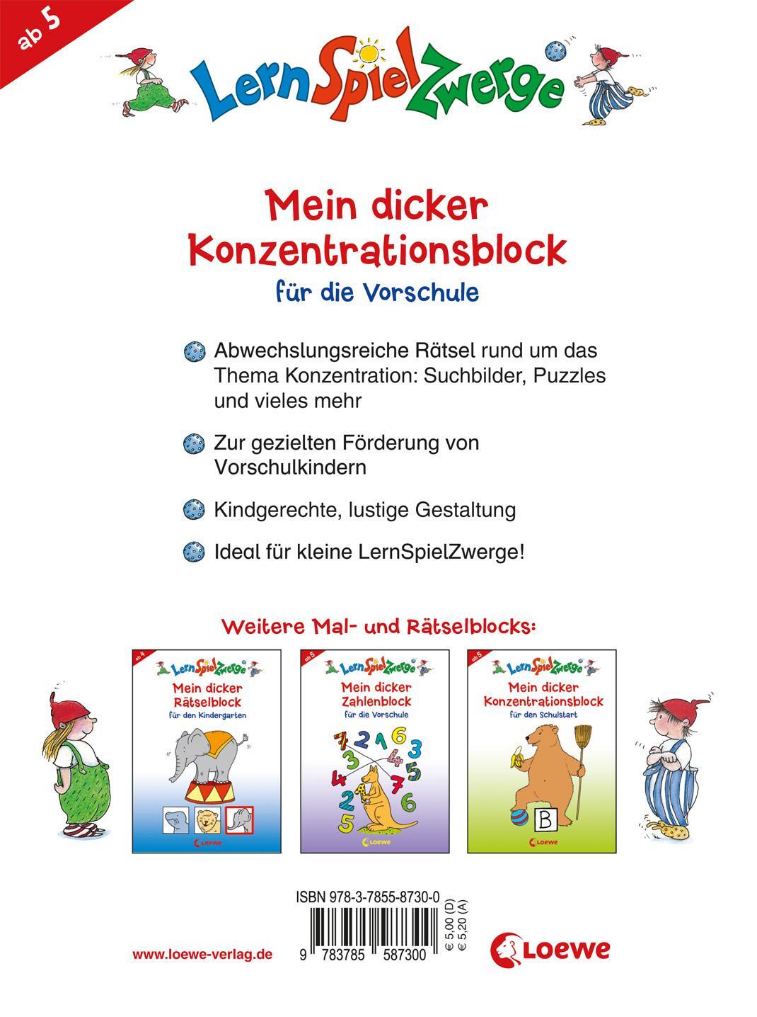 Rückseite: 9783785587300 | LernSpielZwerge - Mein dicker Konzentrationsblock für die Vorschule