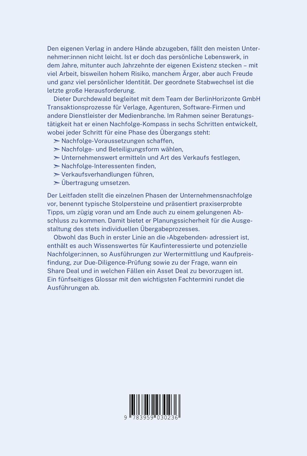 Rückseite: 9783959030236 | Unternehmensnachfolge in Verlagen | Dieter Durchdewald | Taschenbuch