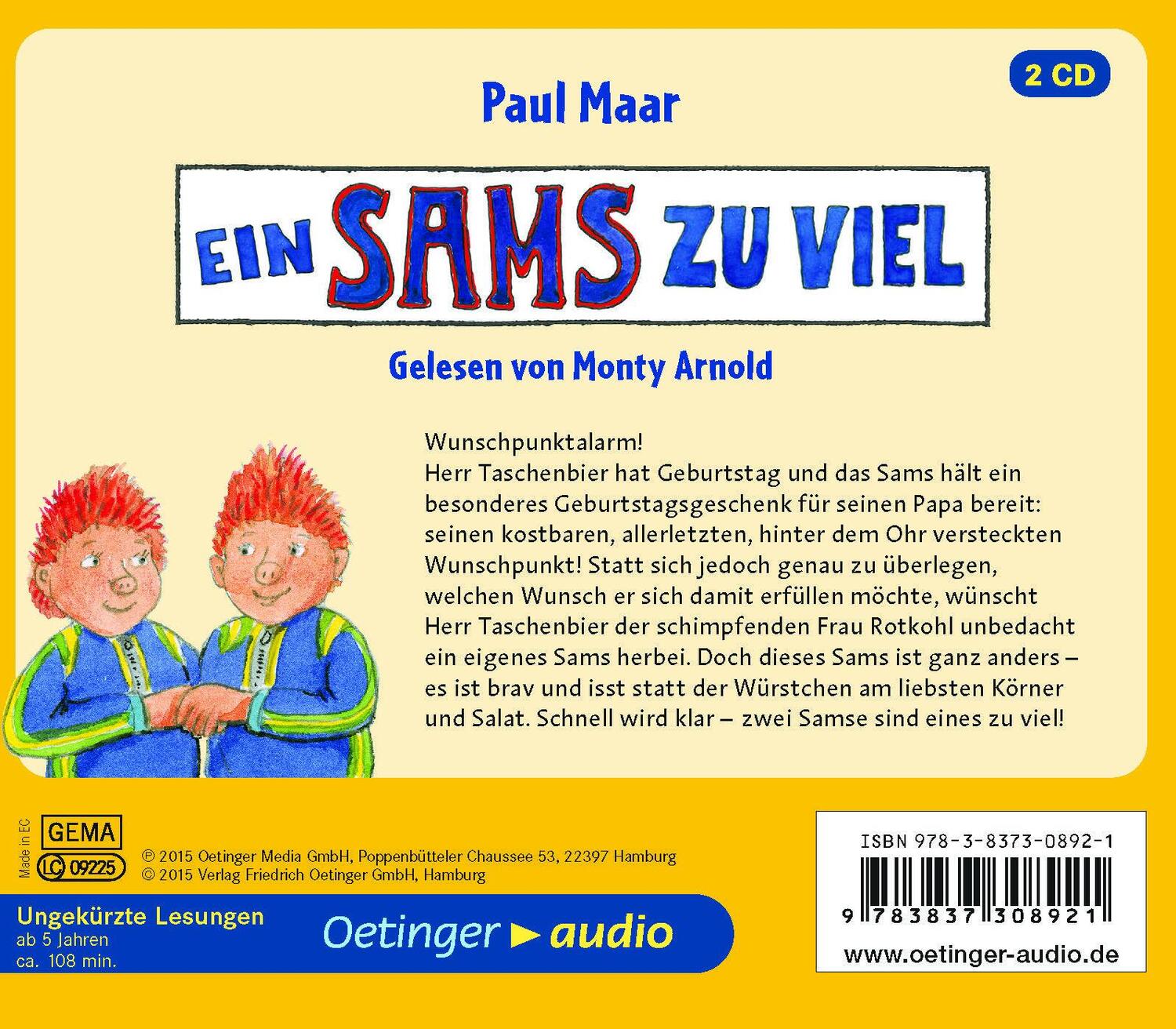 Rückseite: 9783837308921 | Ein Sams zu viel (2 CD) | Ungekürzte Lesung | Paul Maar | Audio-CD