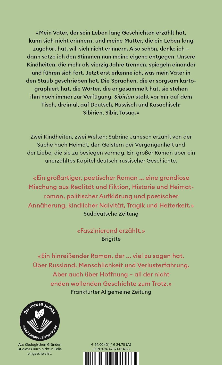 Rückseite: 9783737101493 | Sibir | «Ein großartiger, poetischer Roman.» (Süddeutsche Zeitung)