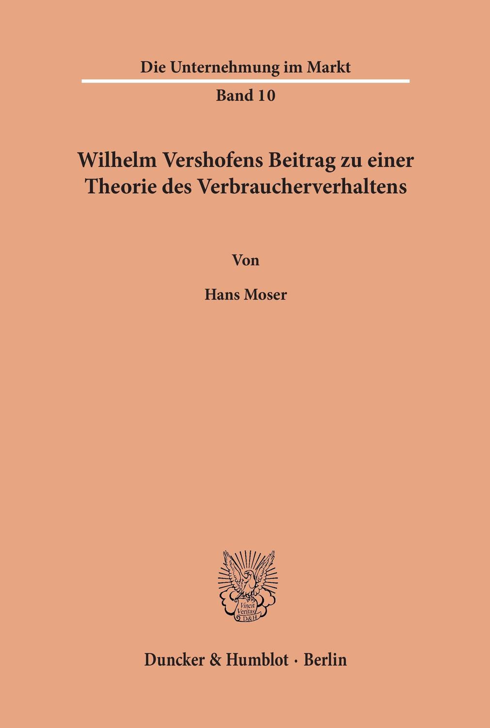 Cover: 9783428010547 | Wilhelm Vershofens Beitrag zu einer Theorie des Verbraucherverhaltens.