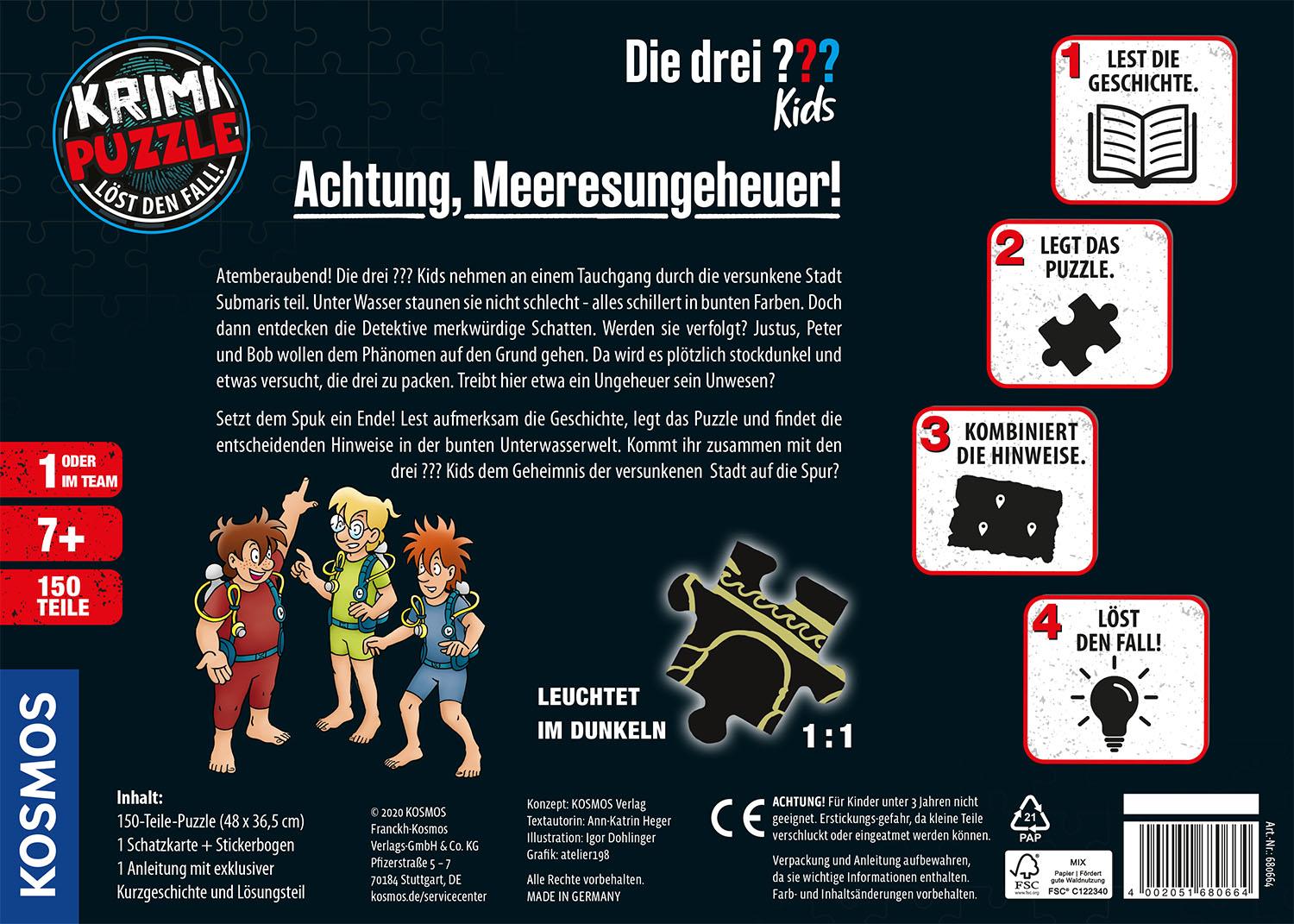 Rückseite: 4002051680664 | Krimi-Puzzle: Die drei ??? Kids 150 Teile - Achtung, Meeresungeheuer!