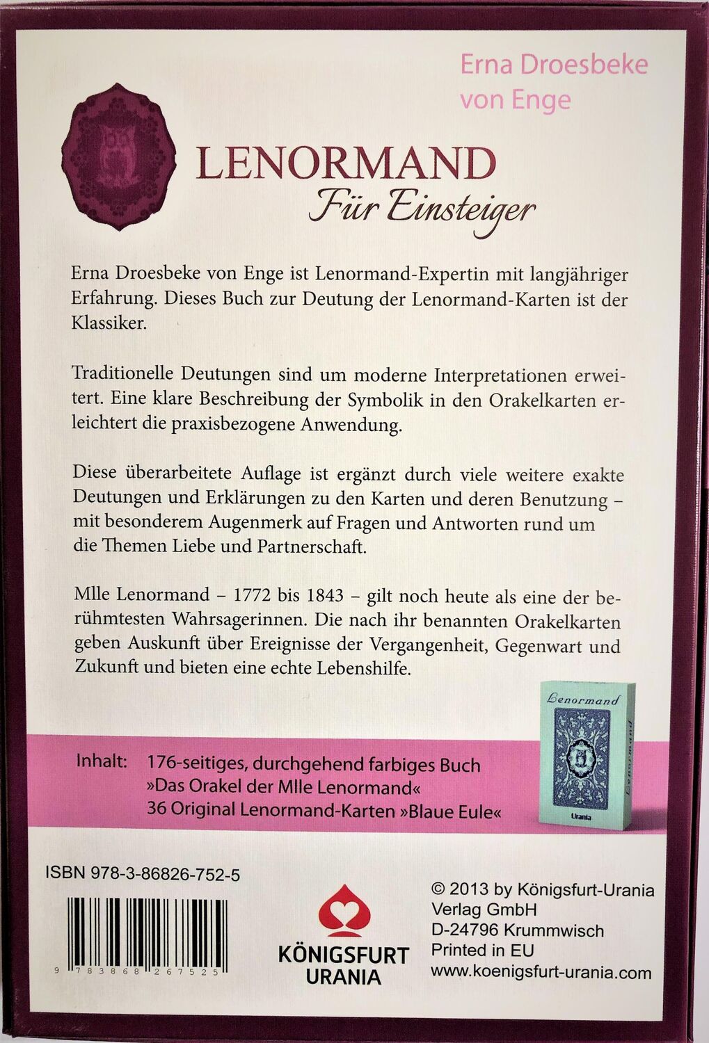 Rückseite: 9783868267525 | Lenormand Karten | Set mit Buch und Karten | Erna Droesbeke von Enge