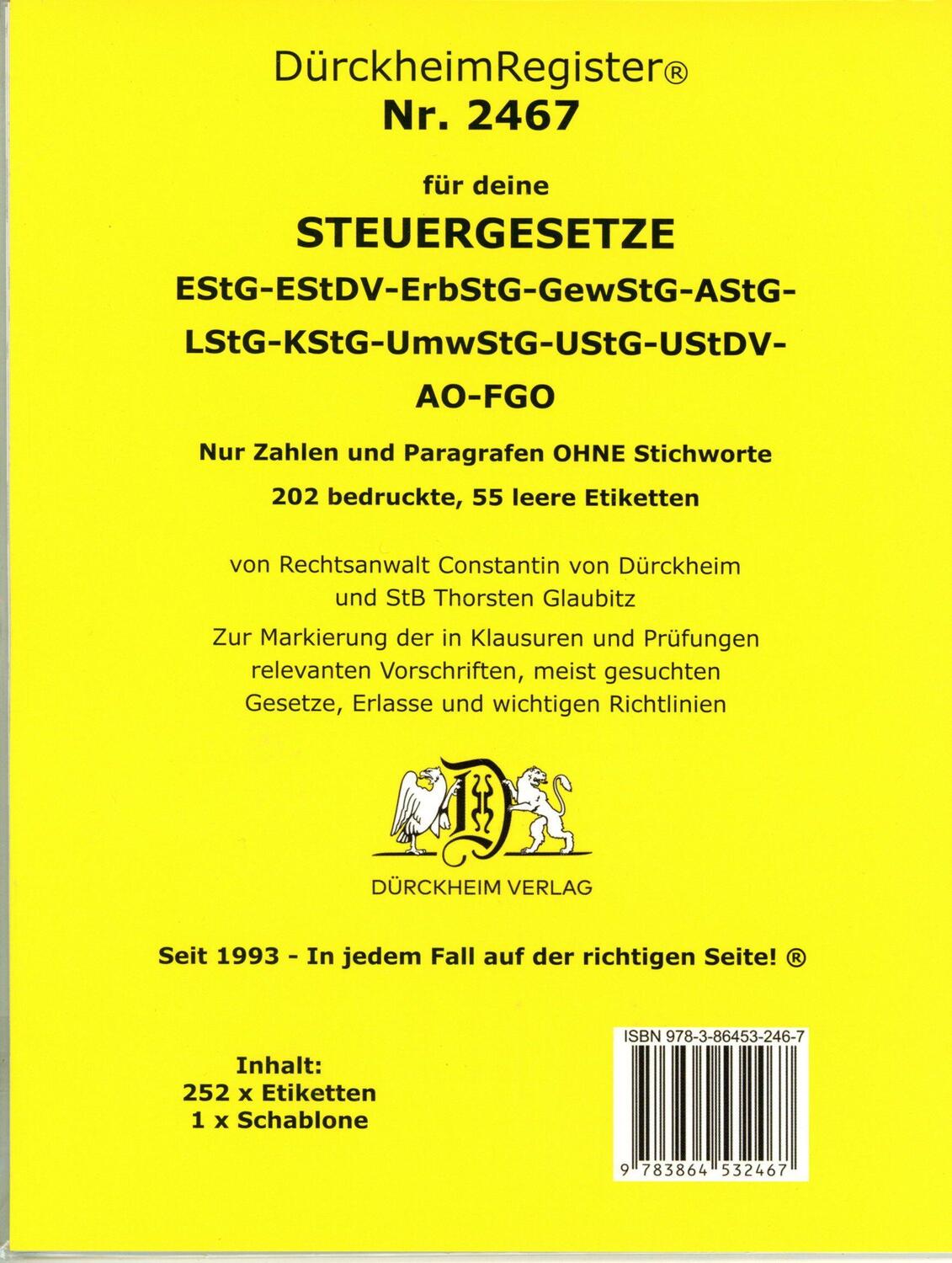 Cover: 9783864532467 | DürckheimRegister® Steuergesetze...