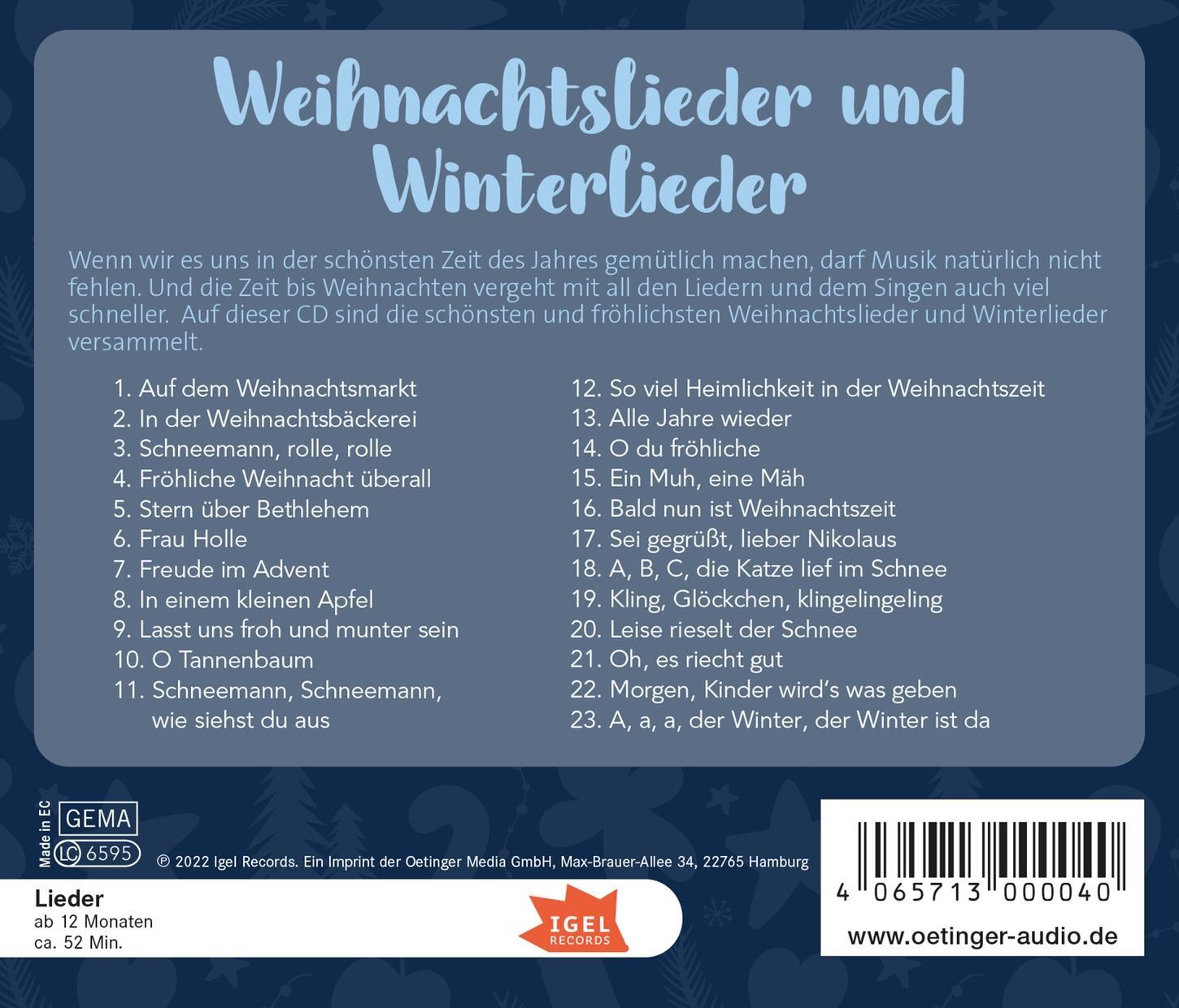 Rückseite: 4065713000040 | Weihnachtslieder und Winterlieder | Kay Poppe (u. a.) | Audio-CD