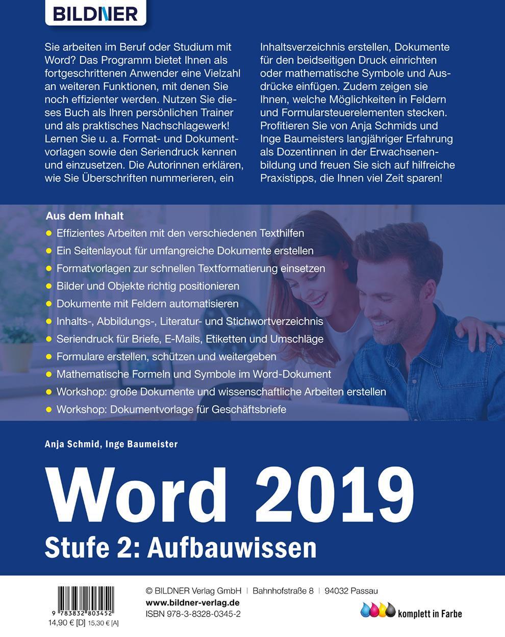 Rückseite: 9783832803452 | Word 2019 - Stufe 2: Aufbauwissen | Anja Schmid (u. a.) | Taschenbuch