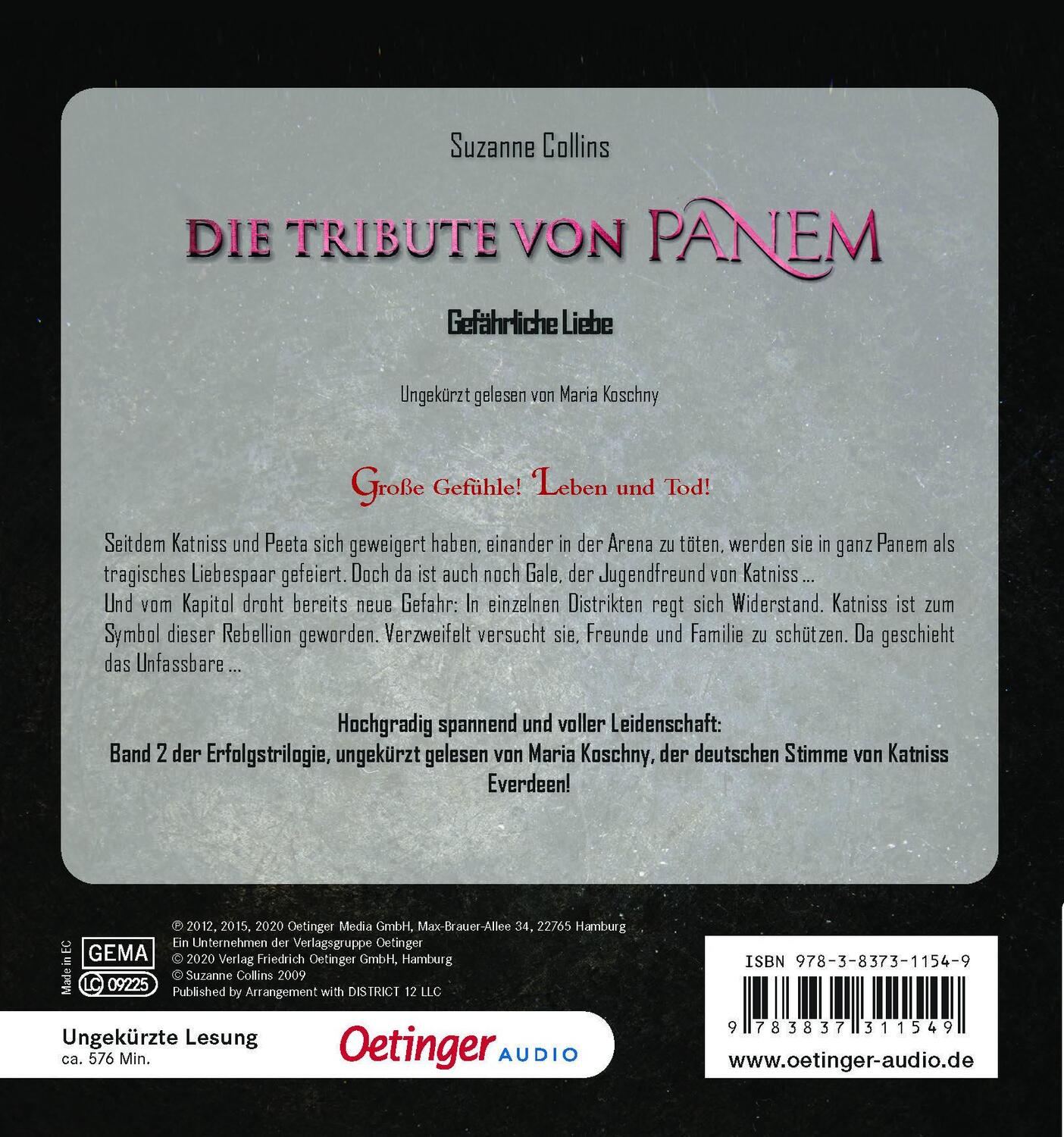 Rückseite: 9783837311549 | Die Tribute von Panem 2. Gefährliche Liebe (2 mp3 CD) | Collins | MP3
