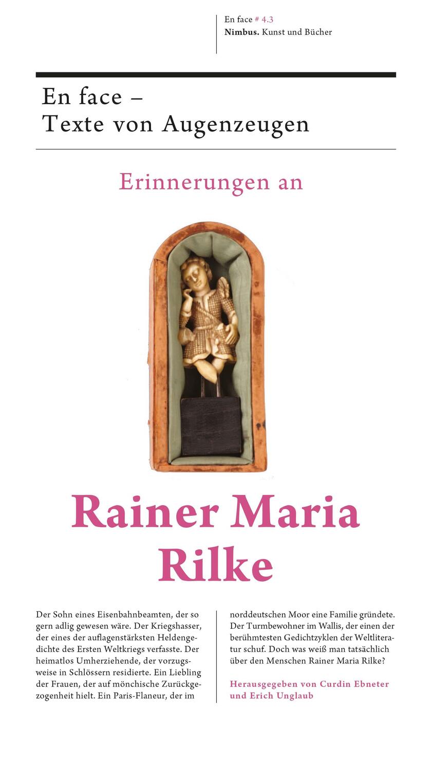 Bild: 9783907142875 | Erinnerungen an Rainer Maria Rilke | En face - Texte von Augenzeugen