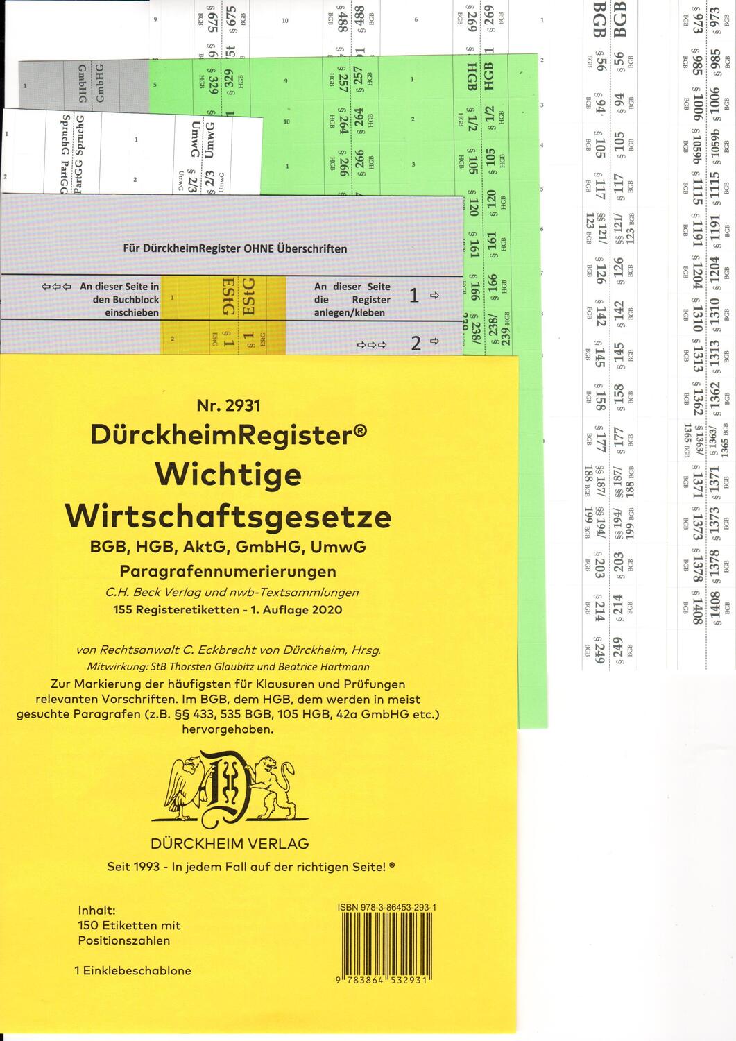 Cover: 9783864532931 | DürckheimRegister® WICHTIGE WIRTSCHAFTSGESETZE (BGB, HGB, GmbHG,...