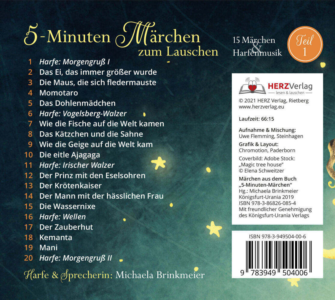 Bild: 9783949504006 | 5-Minuten-Märchen zum Lauschen Teil 1 | 15 Märchen &amp; Harfenmusik | CD