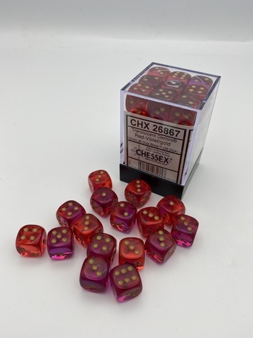 Cover: 601982034757 | Gemini® 12mm d6 Translucent Red-Violet/gold Dice Block™ (36 dice)