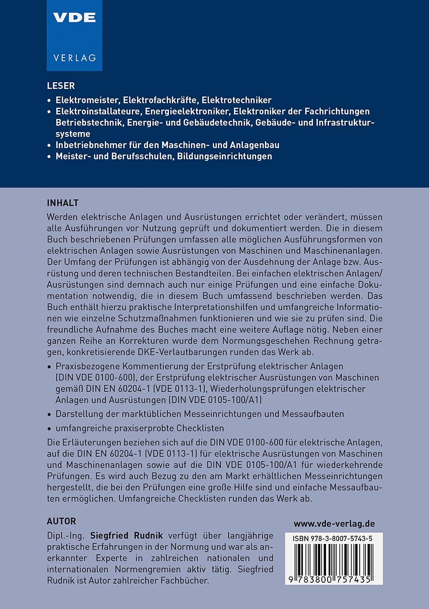 Rückseite: 9783800757435 | Prüfung elektrischer Anlagen und Ausrüstungen | Siegfried Rudnik