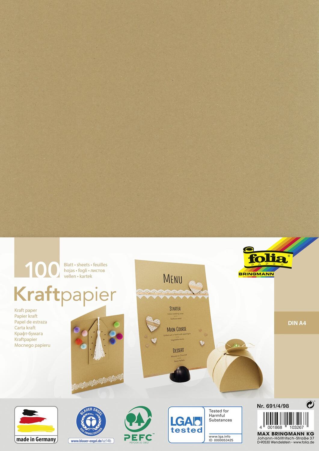 Cover: 4001868103267 | Folia Kraftpapier 120g/m² DIN A4, 100 Blatt | 691/4/98 | 2022 | Folia