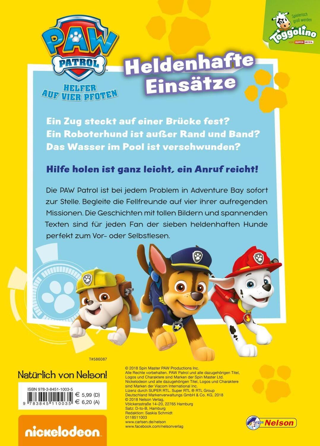 Rückseite: 9783845110035 | PAW Patrol: Heldenhafte Einsätze | 4 spannende Geschichten | Buch