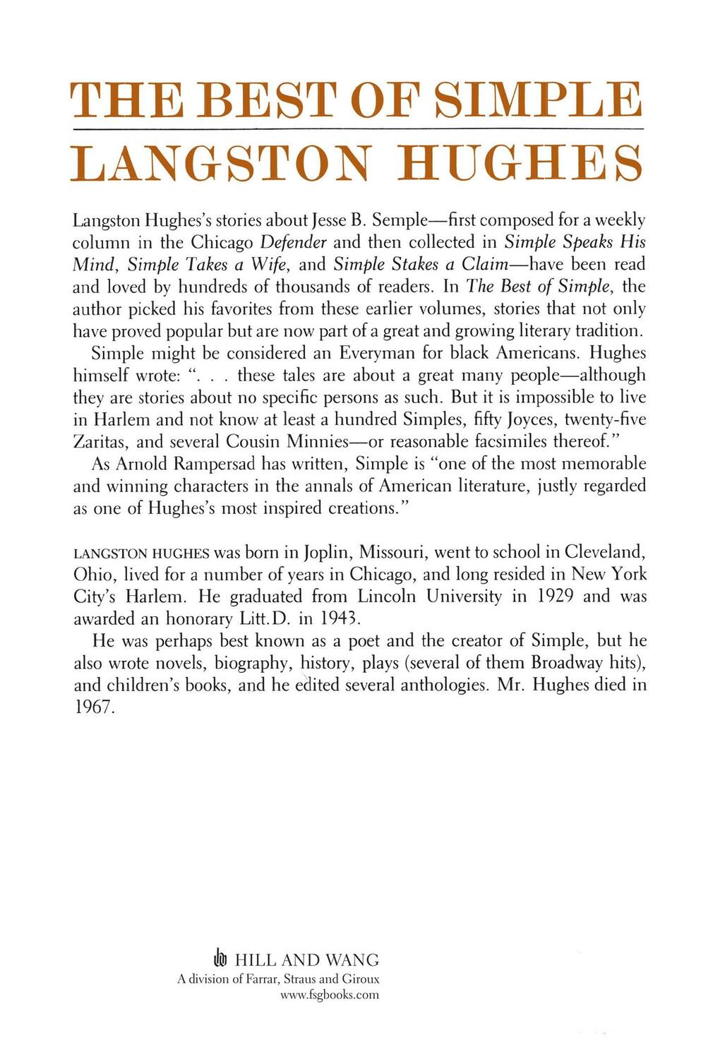 Rückseite: 9780374521332 | The Best of Simple | Langston Hughes | Taschenbuch | Paperback | 1990