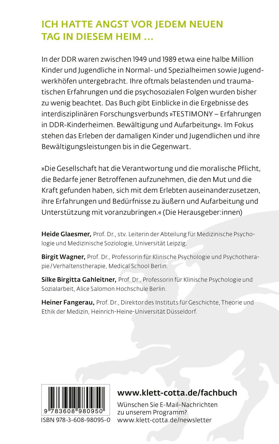 Rückseite: 9783608980950 | Ehemalige Heimkinder der DDR | Heide Glaesmer (u. a.) | Taschenbuch