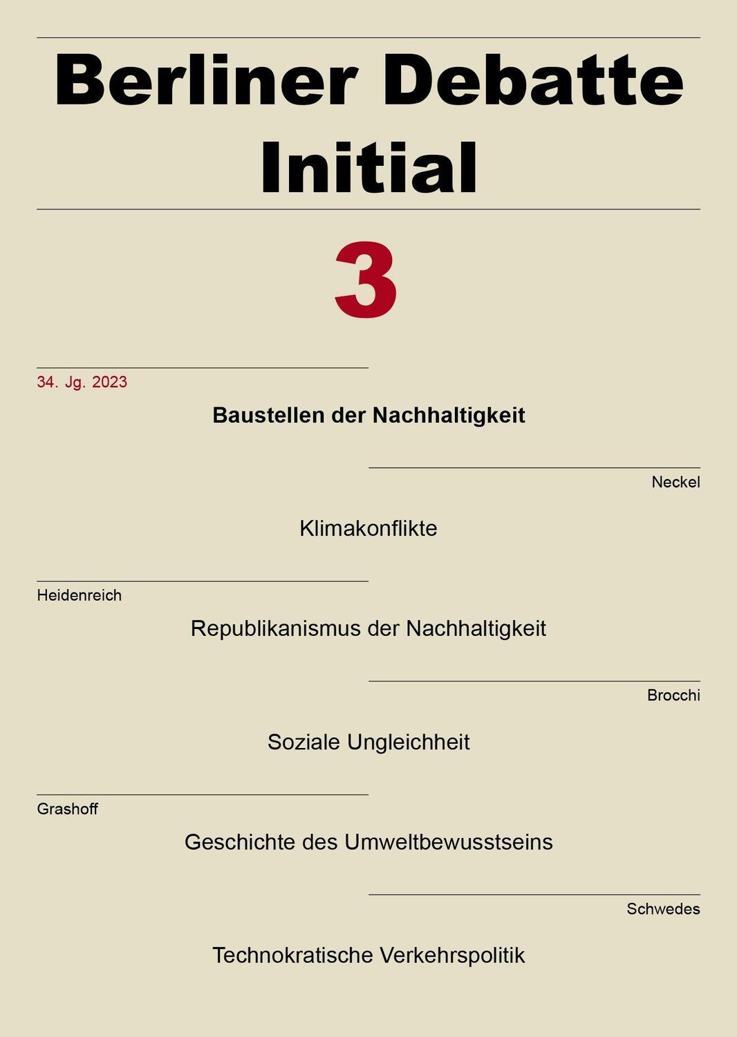 Cover: 9783515136136 | Berliner Debatte Initial 34 (2023) 3 | Baustellen der Nachhaltigkeit