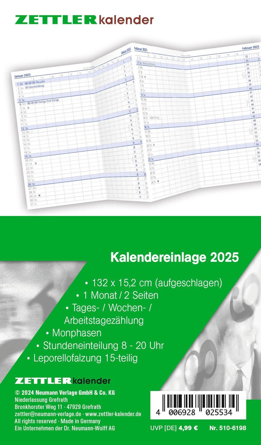 Cover: 4006928025534 | Kalender-Ersatzeinlage 2025 - für den Taschenplaner Leporello Typ...