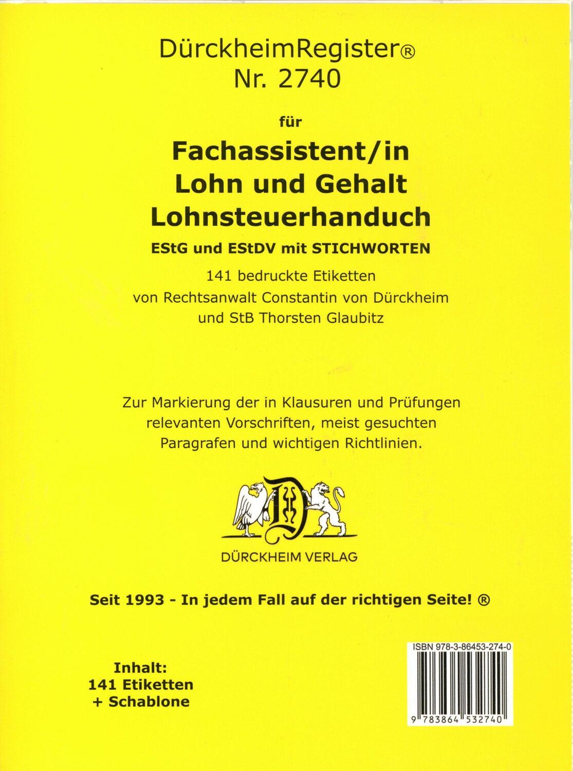 Cover: 9783864532740 | DürckheimRegister® Nr. 2740 Fachassistent/in Lohn und Gehalt (2024)...