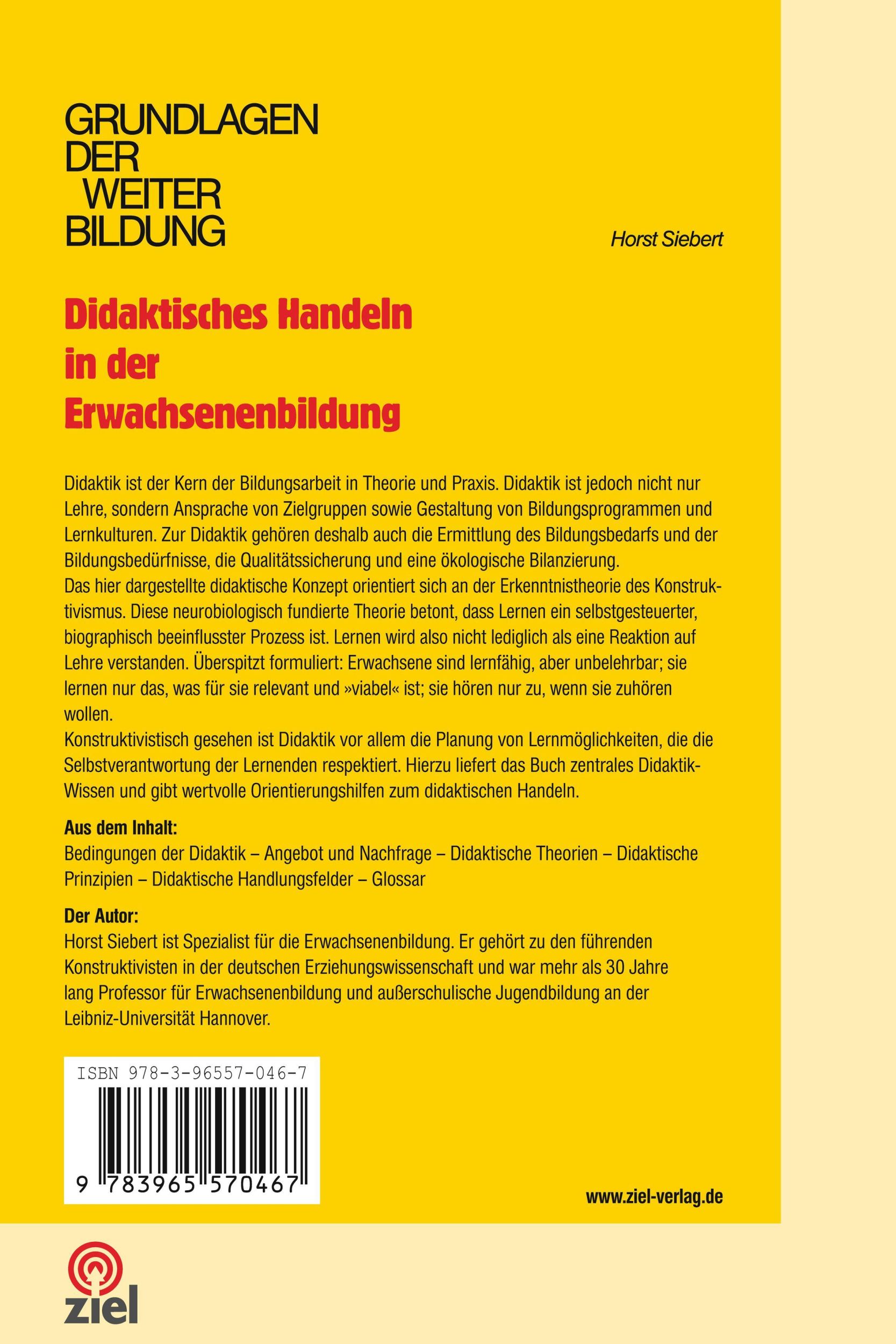 Rückseite: 9783965570467 | Didaktisches Handeln in der Erwachsenenbildung | Horst Siebert | Buch