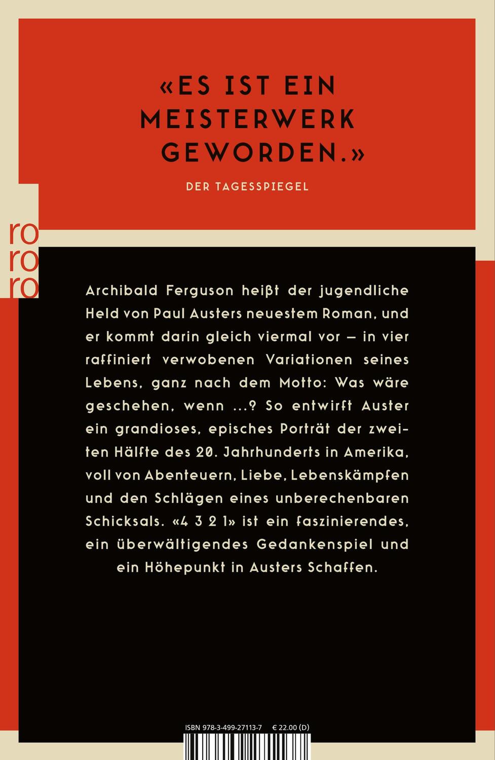 Rückseite: 9783499271137 | 4 3 2 1 (4321) | Paul Auster | Taschenbuch | 1264 S. | Deutsch | 2018