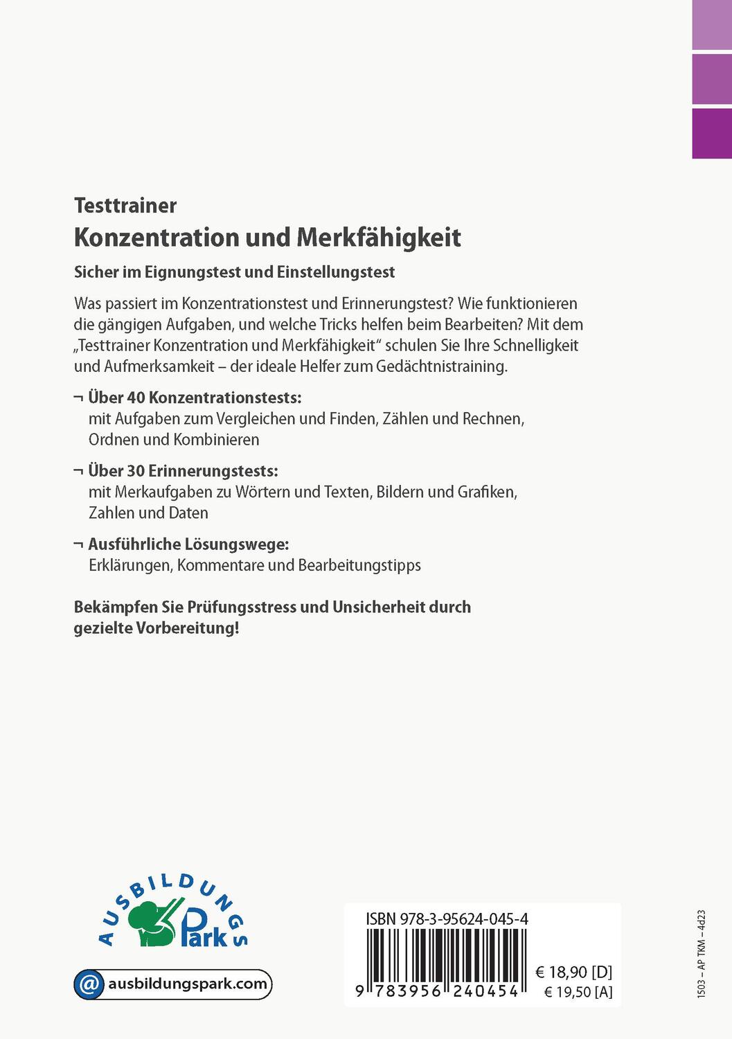 Rückseite: 9783956240454 | Testtrainer Konzentration und Merkfähigkeit | Kurt Guth (u. a.) | Buch