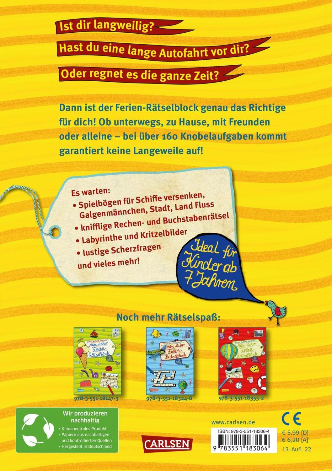 Rückseite: 9783551183064 | Mein dicker Ferien Rätselblock | Nikki Busch | Taschenbuch | Deutsch